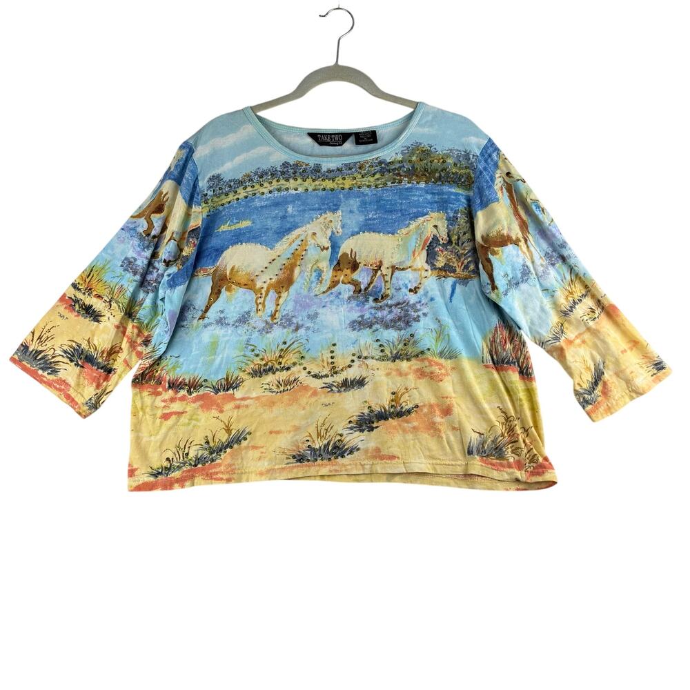 Take Two 3/4 Slv Shirt Women's XL Horse Beach Sequin Western Cowgirl Art To Wear